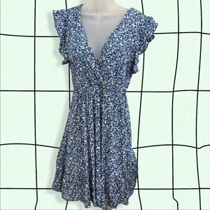 Mini Floral  Dress, Elastic Waist - Size S - Blue/ White